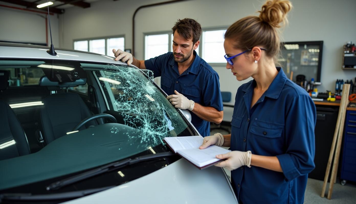 Tekniker skifter forrude i garage