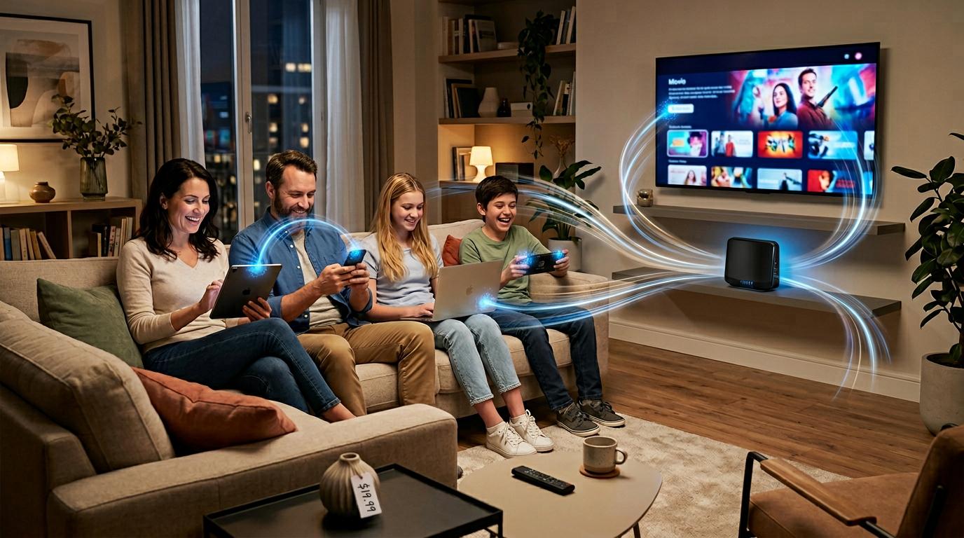 Smilende familie med hurtig 5G