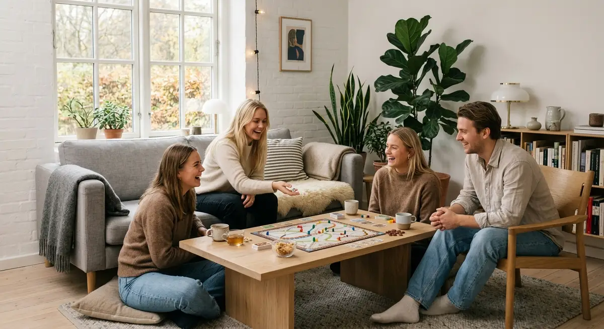 En gruppe venner der hygger sig med brætspil i en lys skandinavisk stue som billig underholdning
