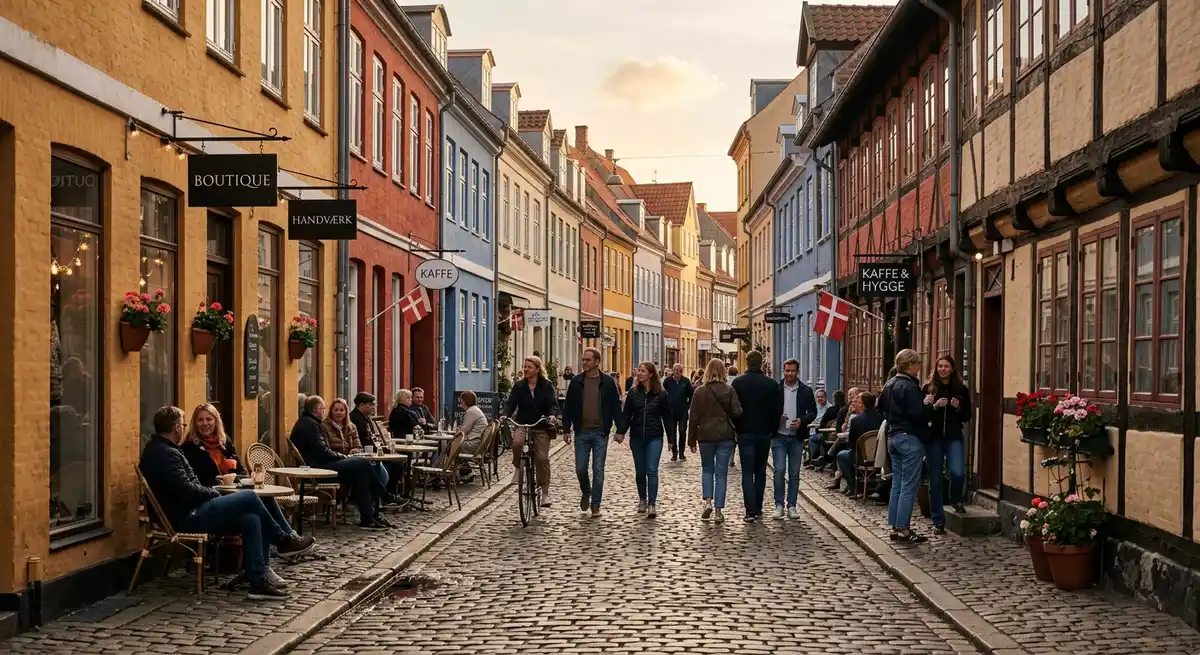 Brostensbelagt gade i Latinerkvarteret i postnummeret 8000 Aarhus C med historiske huse og butikker.