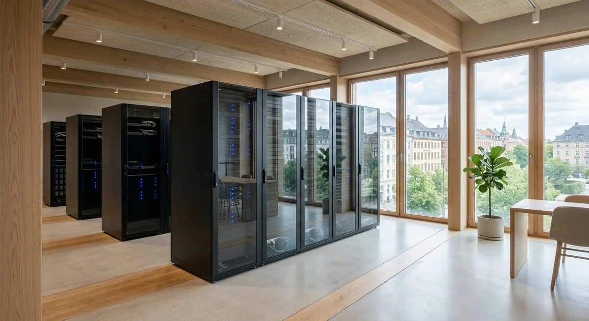 Et lyst og moderne skandinavisk serverrum der illustrerer hurtig og sikker webhosting